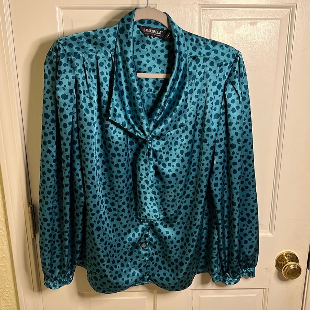 Loubella California Fashions Long-Sleeve Turquoise Blot Print Vibrant Blouse